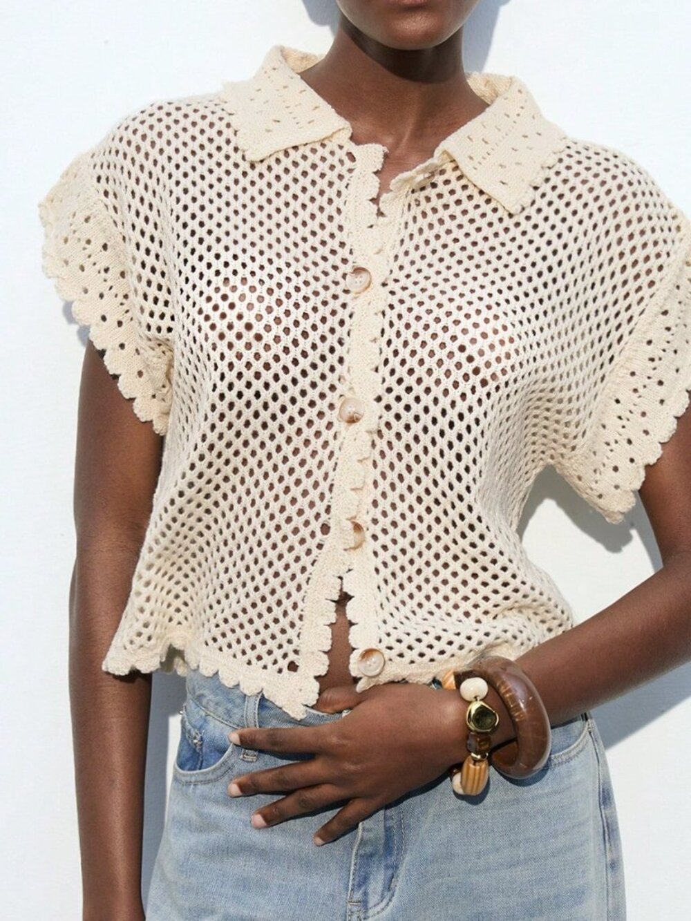 Apricot Casual Women's Bat Wing Short Sleeve Single-Breasted Hollow Cardigan